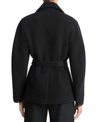 Wool Blend Leather Trim Double Breasted Jacket