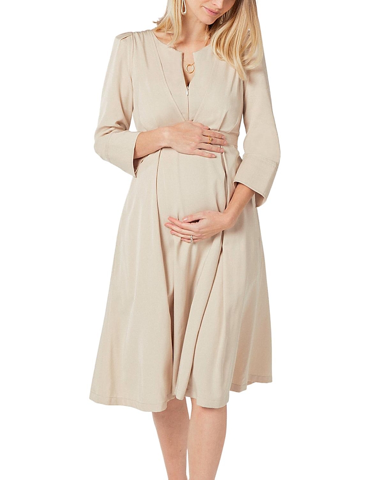 Women's Empire Waist Maternity & Nursing Midi Tea Dress In Tencel In Beige Women's Empire Waist Maternity & Nursing Midi Tea Dress In Tencel In Beige