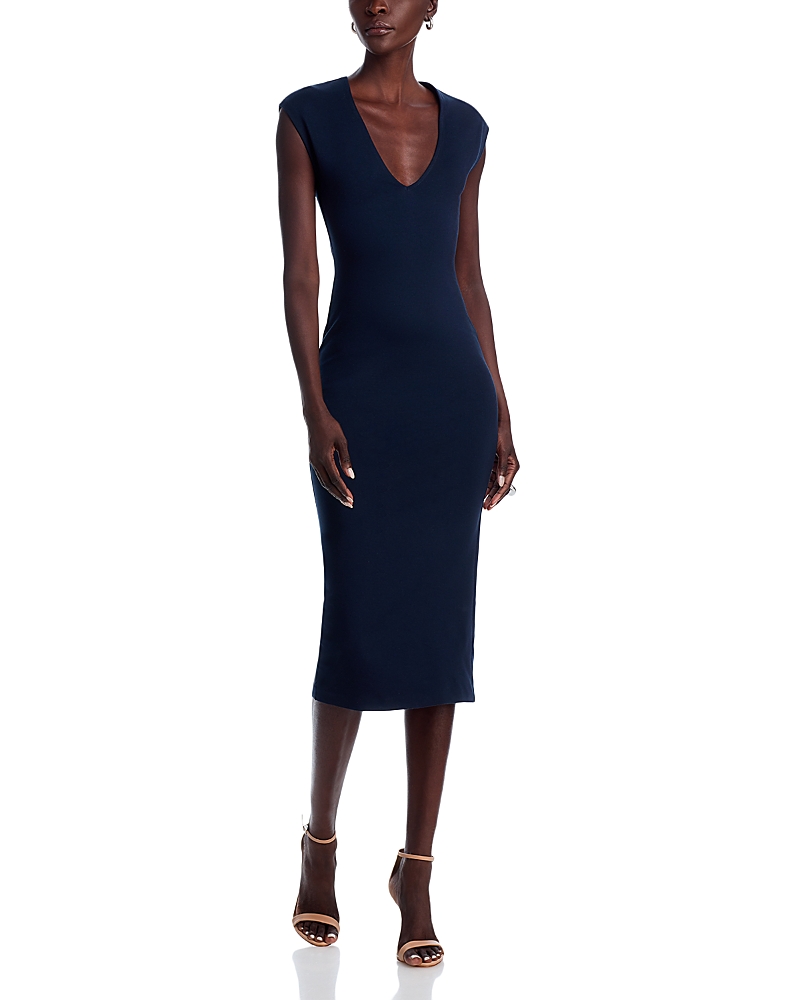 AQUA V NECK PONTE SHORT SLEEVED MIDI DRESS - EXCLUSIVE