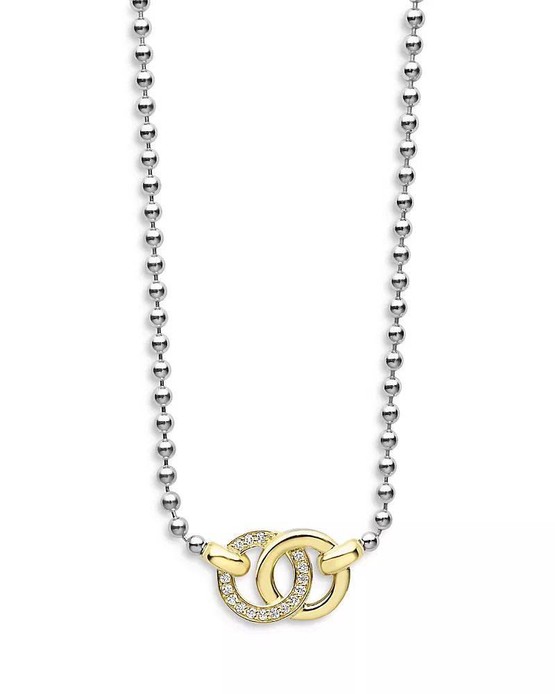 Lagos 18K Yellow Gold & Sterling Silver Signature Caviar Diamond Interlocking Pendant Necklace, 16