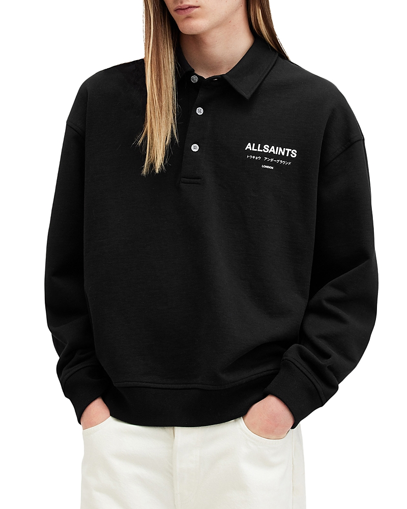 Allsaints Mens Black Underground Logo-print Relaxed-fit Polo Sweatshirt In Jet Black