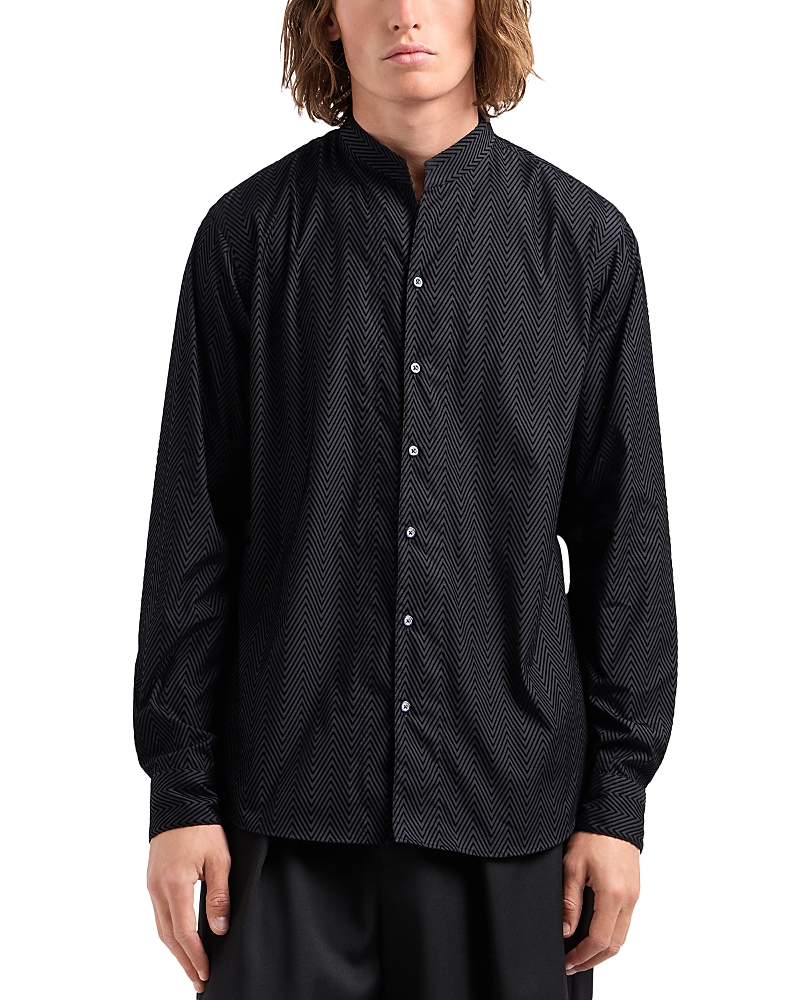 Emporio Armani Stretch Cotton Button Up Shirt With Guru Collar In Grey Black