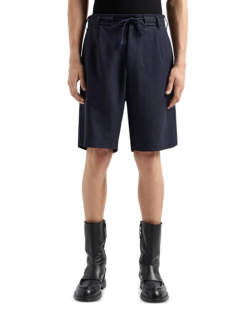 Emporio Armani Textured Regular Fit Pleated Bermuda Shorts In Solid Blue