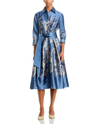 Teri Jon by Rickie Freeman - Metallic Jacquard A Line Shirt Dress