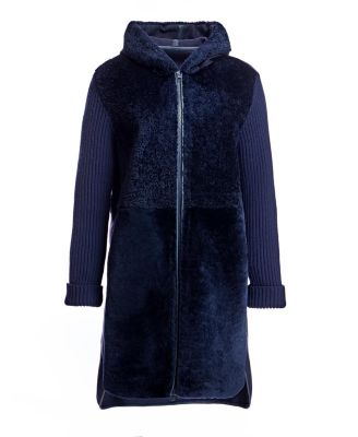 Hooded Shearling Coat with Knit Trim