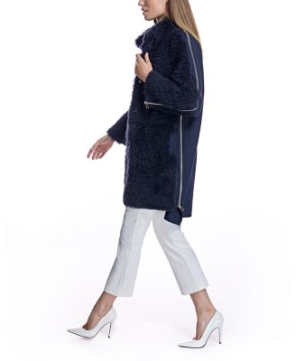 Mixed-Media Shearling Coat With Zipper Trim