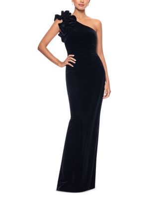Velvet Ruffle One Shoulder Gown - Exclusive 