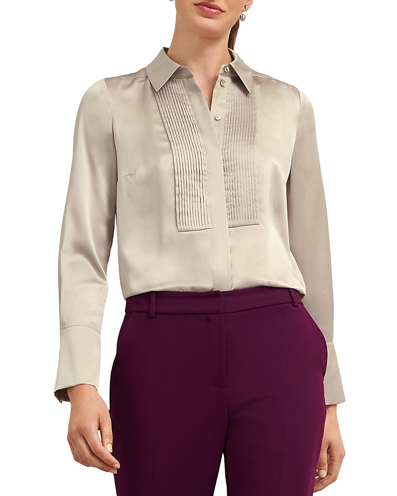Hobbs London Jaya Silk Pleated Blouse In Buff Grey