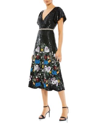 Mac Duggal - Embellished V Neck Flutter Sleeve Dress