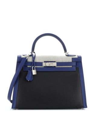 Pre-Owned HERMÈS - Kelly 32 Handbag Black Berline Vache Canvas with Blue Swift and Toile with Palladium Hardware