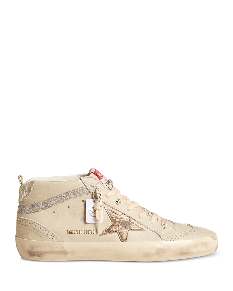 Golden Goose Women's Mid Star Almond Toe Star Patch & Crystal Fabric Sneakers In White/silver/ice