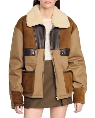 Sandro - Douglas Mixed Media Shearling Collar Coat