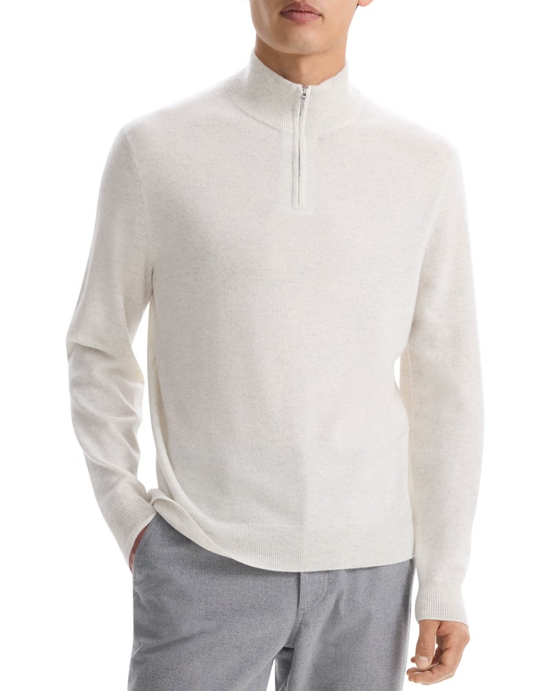 Theory Hilles Quarter Zip Cashmere Sweater in Natural Melange