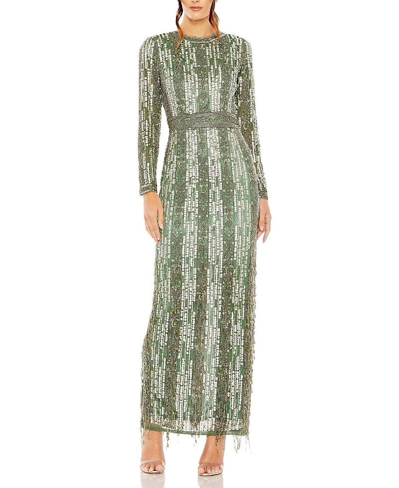 Mac Duggal Sequin Beaded Long Sleeve Gown In Sage