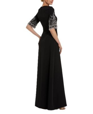  Crepe A Line Gown With Beaded 3/4 Sleeves