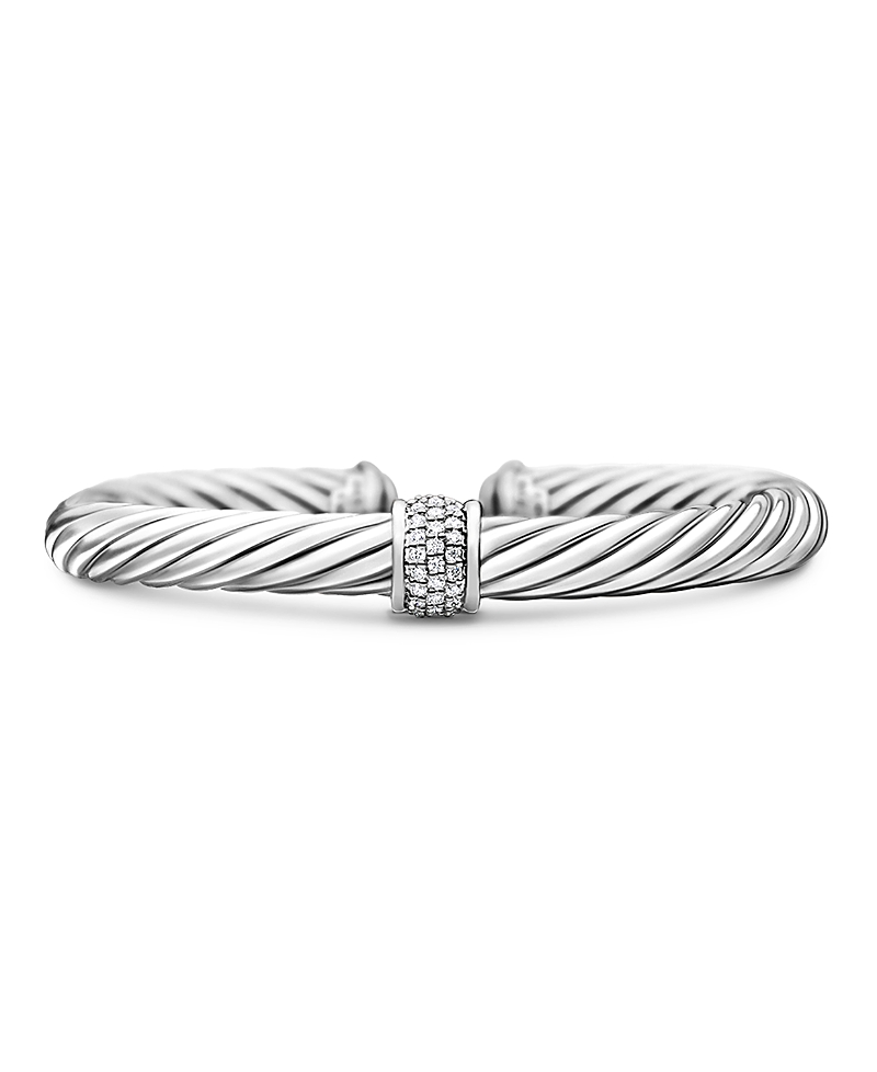 David Yurman Classic Cable Station Bracelet in Sterling Silver with Pave Diamonds, 7mm