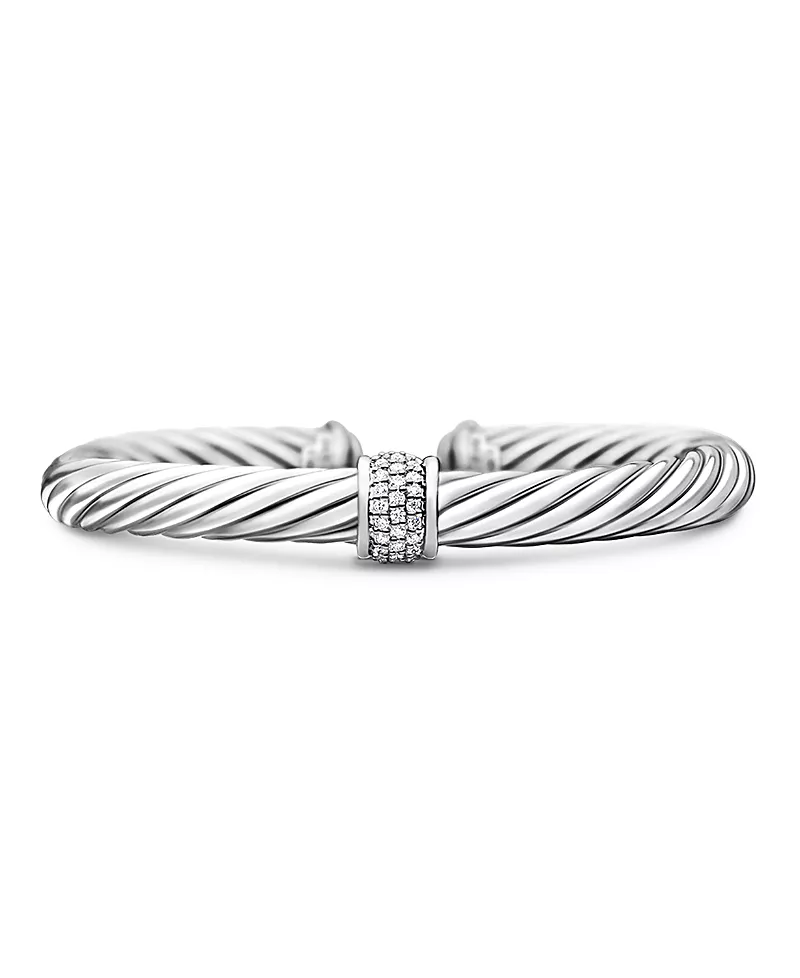 David Yurman Classic Cable Station Bracelet in Sterling Silver with Pave Diamonds, 7mm