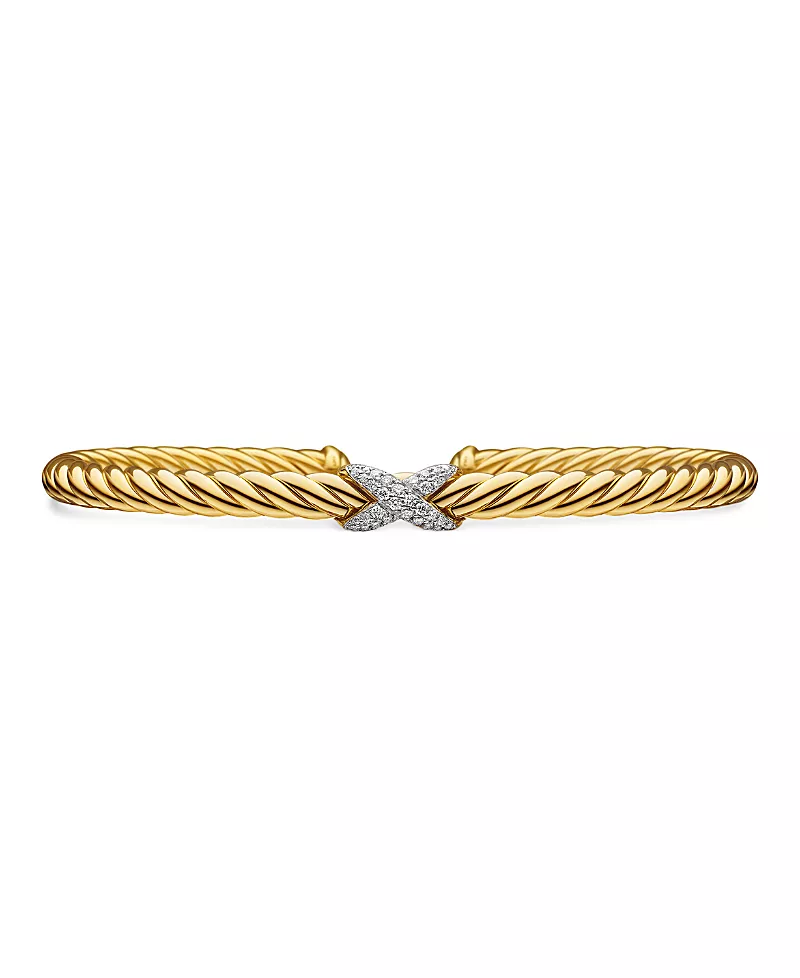 X Cablespira Station Bracelet in 18K Yellow Gold with Pave Diamonds, 4mm