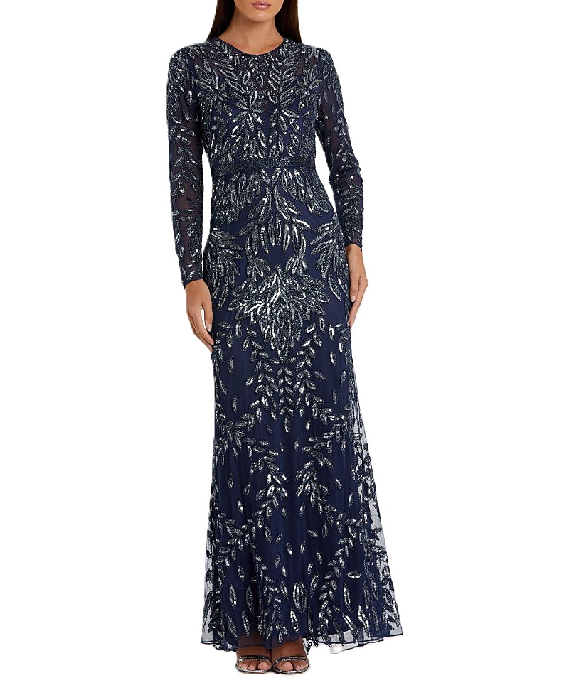 Mac Duggal Sequin Overlay Long Sleeve Gown In Midnight
