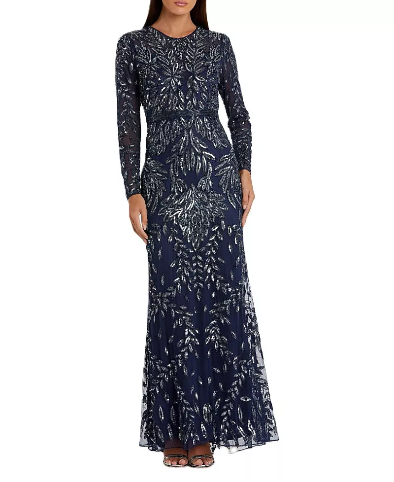 Mac Duggal Long Sleeve Illusion Neckline Embellished Gown
