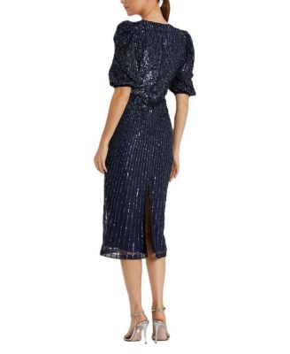 Sequin V-Neck Short Puff Sleeve Midi Dress