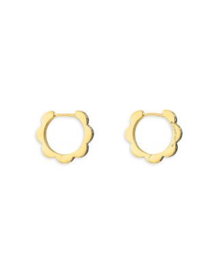 18K Yellow Gold Bloom White &amp; Black Diamond Outline Flower Small Hoop Earrings