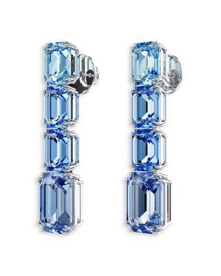Millenia Blue Octagon Crystal Linear Drop Earrings in Rhodium Plated