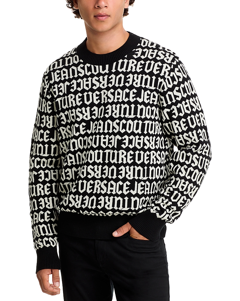 Versace Jeans Couture Monogram Crewneck Sweater With Ribbed Finish In Black/white