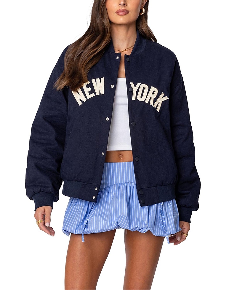 Edikted Big Apple Oversized Bomber Jacket In Navy