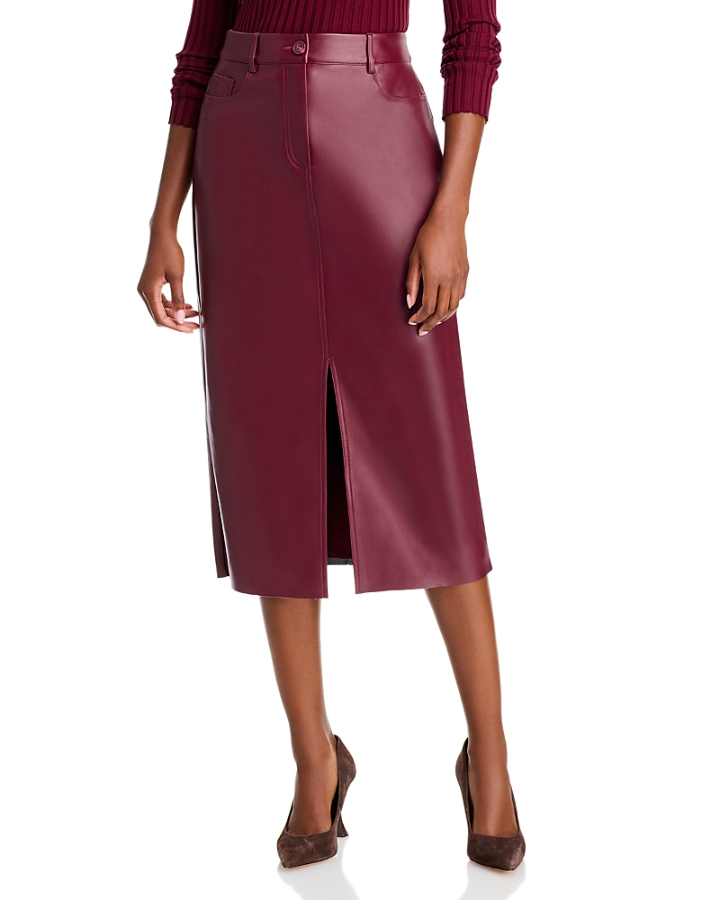 T Tahari Faux Leather Slim Midi Skirt In Bordeaux Red