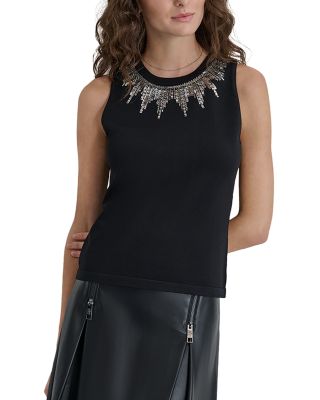 DKNY - Sleeveless Embellished Neckline Top