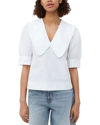 White Cotton Poplin V Neck Ruffle Blouse