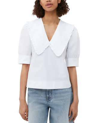 GANNI White Cotton Poplin V Neck Ruffle Blouse | Bloomingdale's Women
