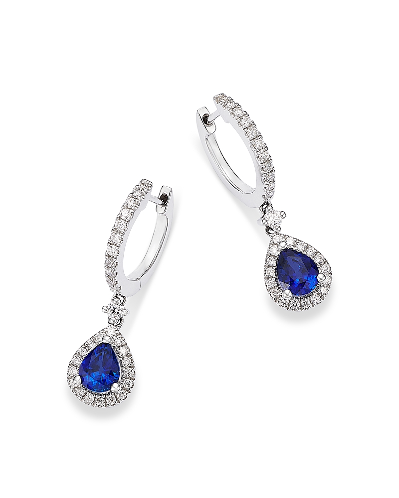 Shop Bloomingdale's Fine Collection Blue Sapphire & Diamond Pear Halo Dangle Hoop Drop Earrings In 14k White Gold In Blue/white