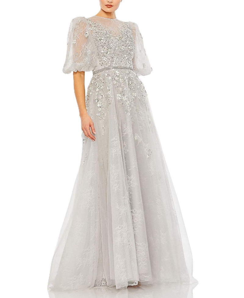 Mac Duggal Embellished Puff Sleeve A Line Gown In Platinum