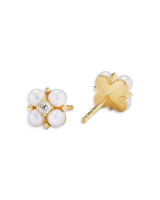 Petite Modern Renaissance Pearl Stud Earrings in 18K Yellow Gold with Diamonds, 7.8mm