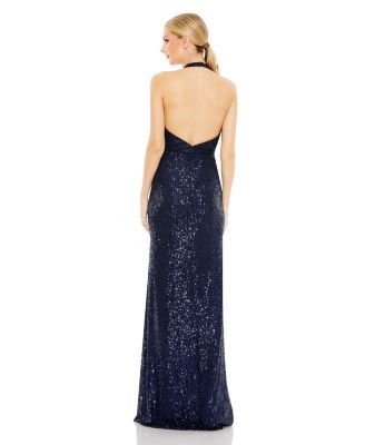 Sequin Halter Strap Plunge Neck Gown