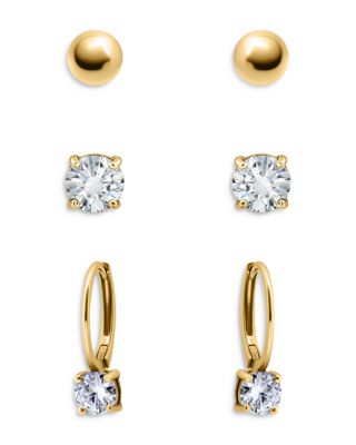 AQUA - Cubic Zirconia Stud & Hoop Earrings in 18K Gold Plated Sterling Silver, Set of 3 - Exclusive