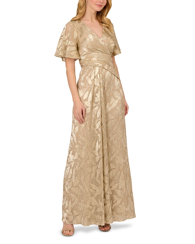 Adrianna Papell Women's Foil Leaf Flutter-sleeve Draped Gown In Neutral