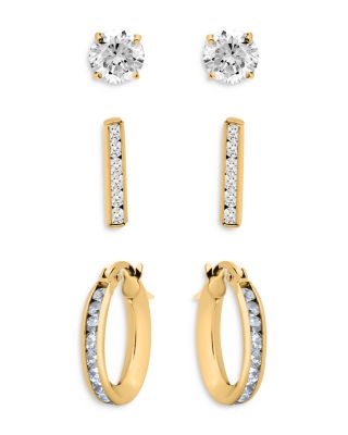 AQUA - Cubic Zirconia Stud & Hoop Earrings in Gold Tone Sterling Silver, Set of 3 - Exclusive