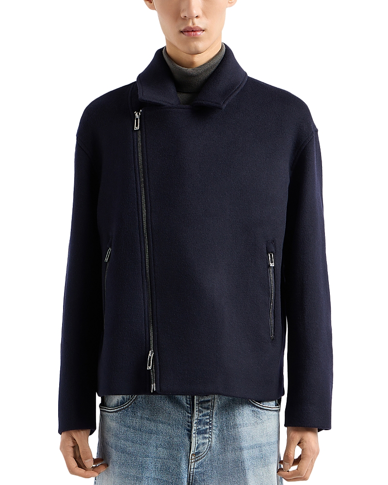 Emporio Armani Asymmetrical Wool Biker Jacket In Navy