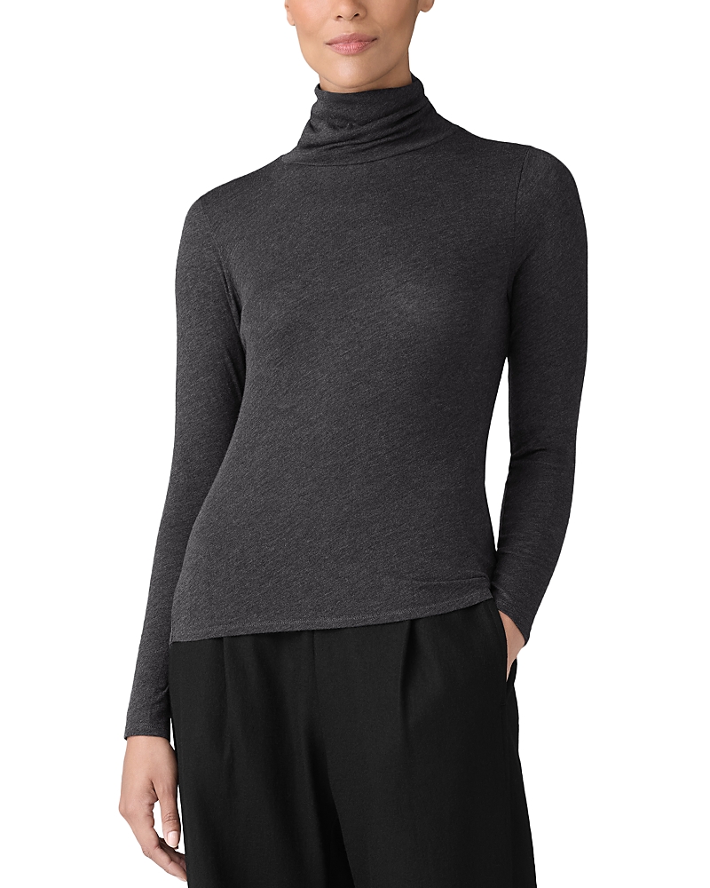 Eileen Fisher Sheer Knit Turtleneck Top In Charcoal