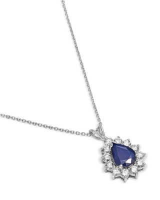 Blue Sapphire & Diamond Pear Halo Pendant Necklace in 14K White Gold, 16"