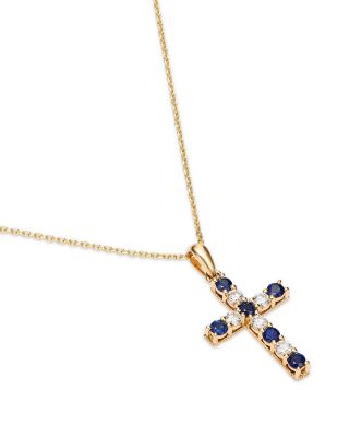 Blue Sapphire & Diamond Cross Pendant Necklace in 14K Yellow Gold, 16-18"