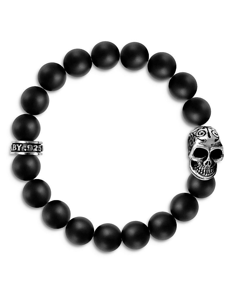 KING BABY STUDIO BLACK ONYX BEAD BRACELET WITH DAY OF THE DEAD SKULL