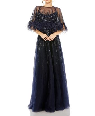 Embellished A Line Dress with Feather Detail Cape
