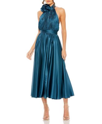 Mac Duggal - Pleated Charmeuse High Neck Sleeveless Midi Dress