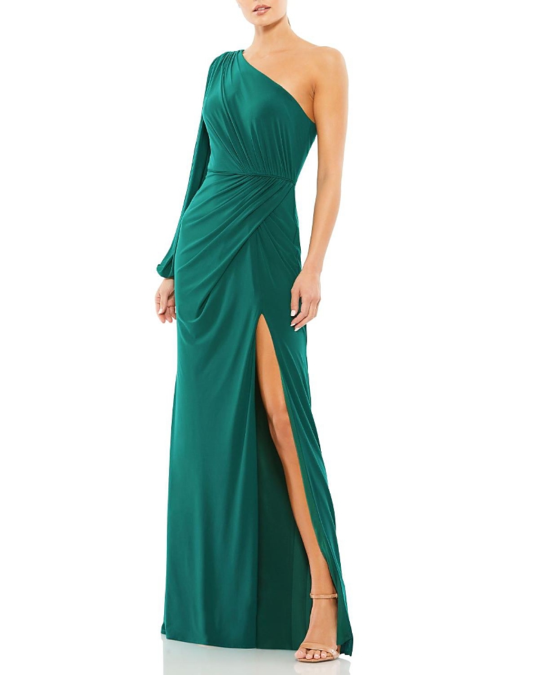 Mac Duggal One Shoulder Puff Sleeve Faux Wrap Gown In Multi