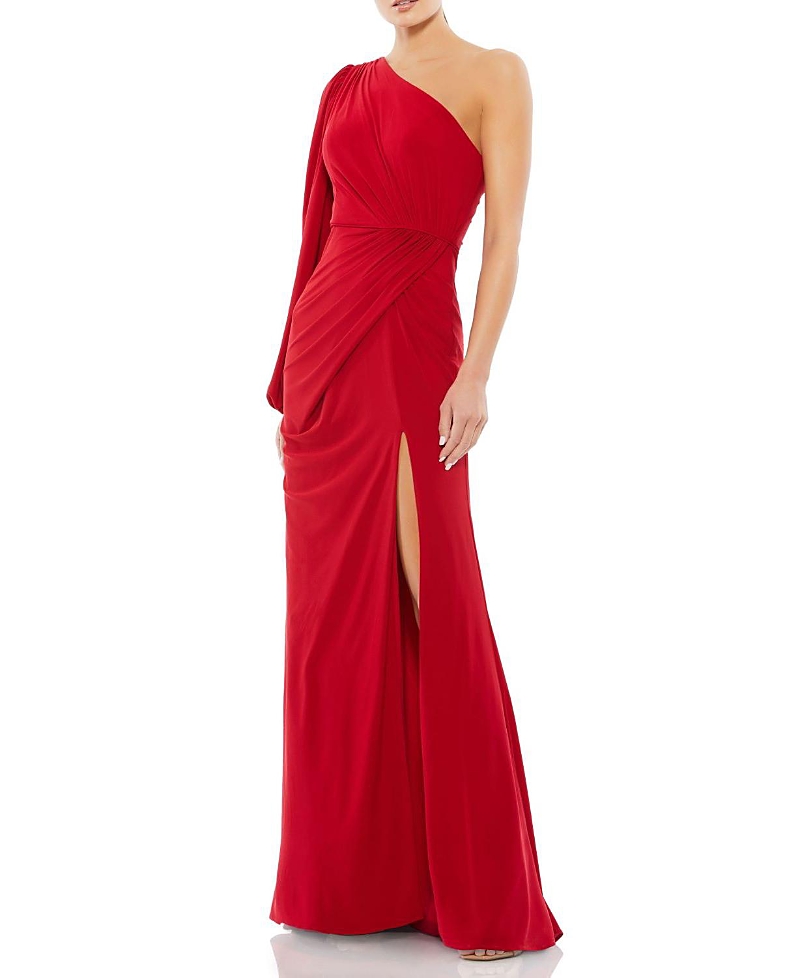 Mac Duggal Ruched Jersey Drop-shoulder Faux Wrap Gown In Red