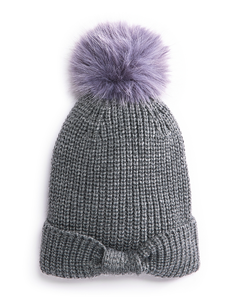 Surell Girls' Knit Bow Beanie Hat With Faux Fur Pom - Big Kid In Grey/grey